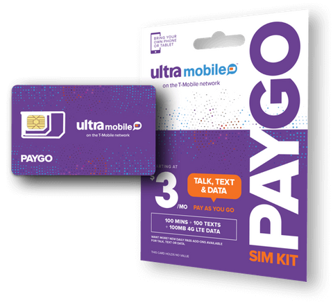 Ultra Mobile PayGo | $3/mo. Pay As You Go Plan + SIM Card with Talk, Text & Data